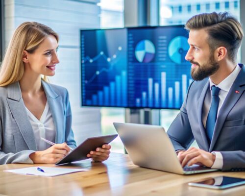 Business partners working together on a project,  discussing ideas and looking at graphs.